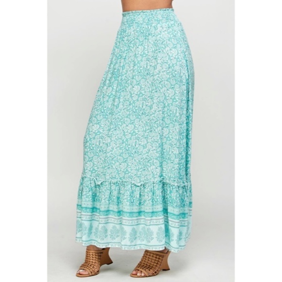Green Tea Floral Gypsy Boho Bohemian Border Full Length Ruffle Casual Maxi Skirt - Picture 3 of 3
